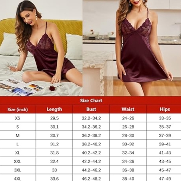 Avidlov Lingerie VNeck Nightwear Satin Lace Chemise Mini Teddy Dark Red Nighty - Picture 8 of 8